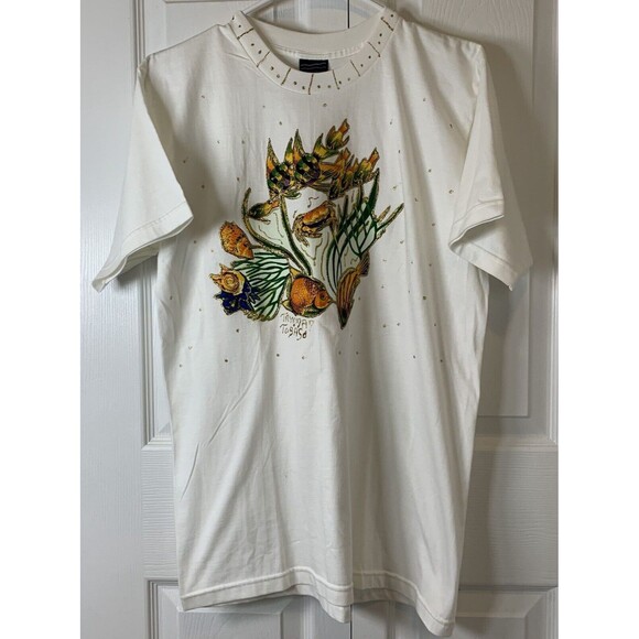 York Trinidad T-Shirt Womens Medium Sea-Life Gold Thread Embroidery Coastal - Picture 1 of 10